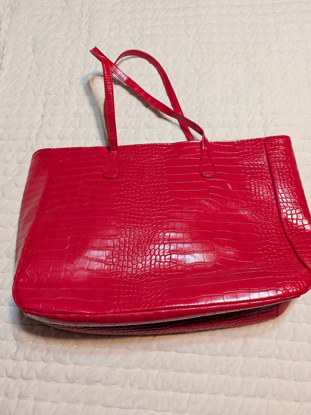 Red Croc-Embossed Tote Bag with Double Shoulder Straps